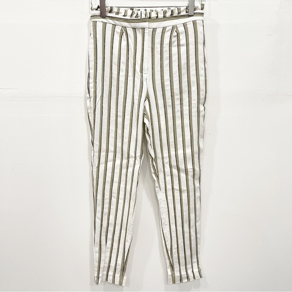 Express Ankle High Waist Pants Paperbag Waist Stripe Ivory Green 2 Regular - Picture 1 of 9